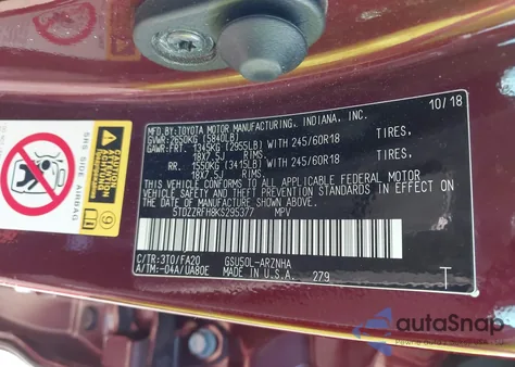 2019 Toyota Highlander Le Plus z USA, uszkodzony, nr VIN 5TDZZRFH8KS295377